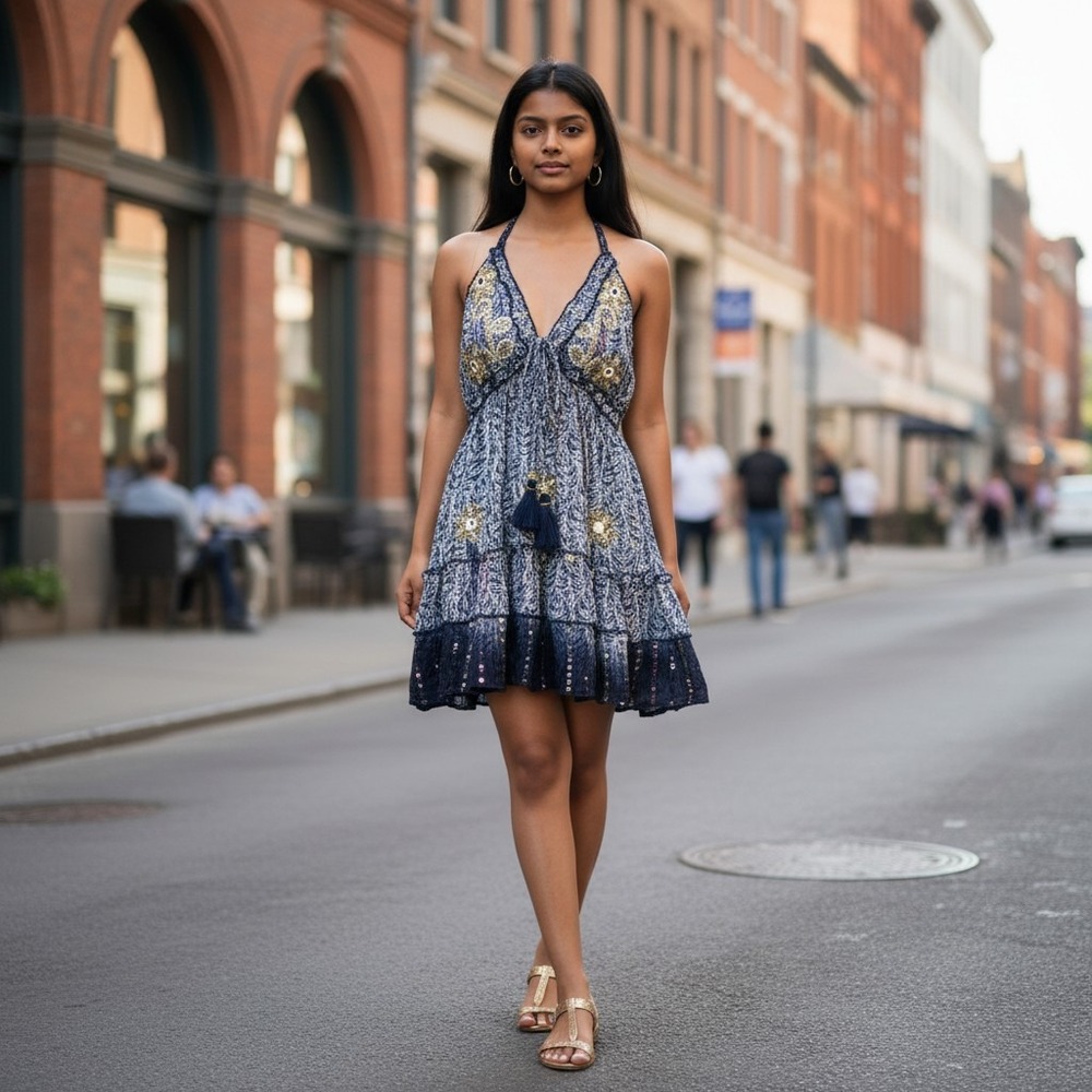 Zury Boho Sequin Floral Mini Dress Blue Metallic Lurex Tiered Free Size